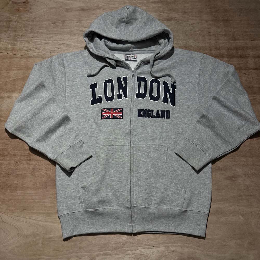 Zone One London England Grey Zip-Up Hoodie with Union Jack Embroidery